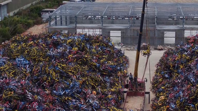 Thousands of bikes lie piled on top of each other