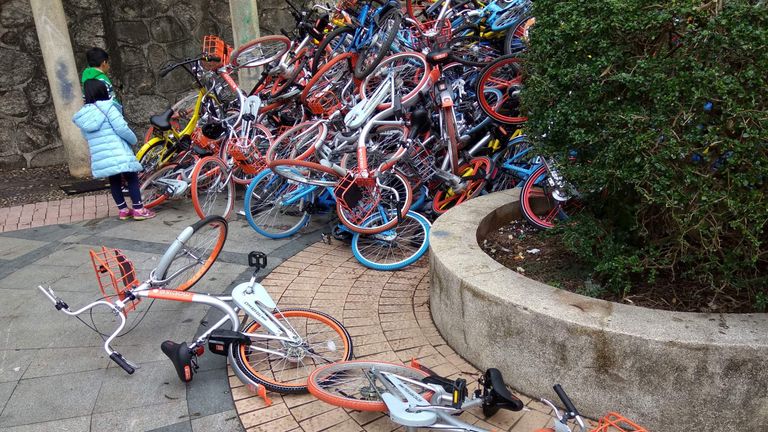 Bicycles from bike-sharing firms near the entrance of Xiashan park in Shenzhen, Guangdong province