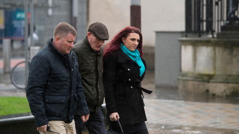 Paul Golding (left) and Jayda Fransen (right) arriving at Belfast Laganside courts 
