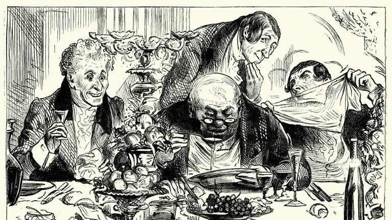 Vintage engraving of a scene from the Charles Dickens's novel Sketches by Boz. Tureens of soup are emptied with awful rapidity. 