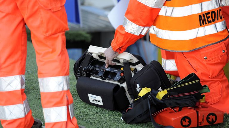 Defibrillator on the picth during the Serie A match between Parma FC and Cagliari Calcio at Stadio Ennio Tardini on April 21, 2012 in Parma, Italy