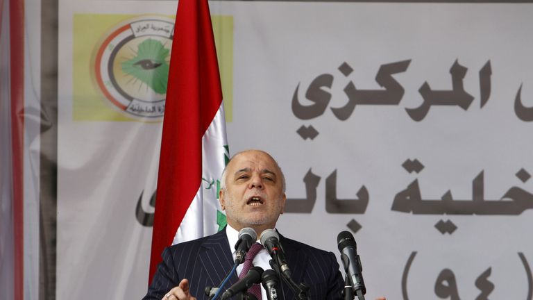Iraqi Prime Minister Haider al-Abadi speaks during the Iraqi Police Day at a police academy in Baghdad January 9, 2016