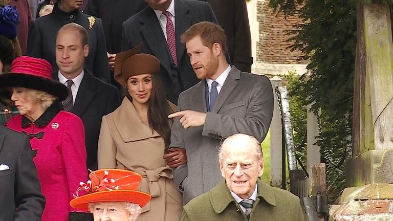 Prince Harry and Meghan Markle after the Christmas day church service