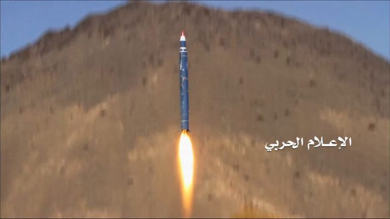 Footage from Houthi military media centre purporting to show a missile launched from Yemen