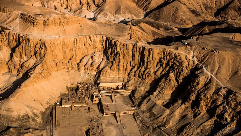 An aerial picture taken from a hot air balloon on September 10, 2017 shows the Temple of Hatshepsut, also known as the Djeser-Djeseru (&#39;Holy of Holies&#39;) in the southern Egyptian town of Luxor. / AFP PHOTO / KHALED DESOUKI (Photo credit should read KHALED DESOUKI/AFP/Getty Images)

