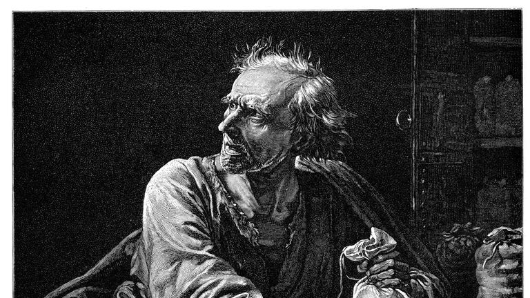 Vintage engraving of a greedy old man counting his money.