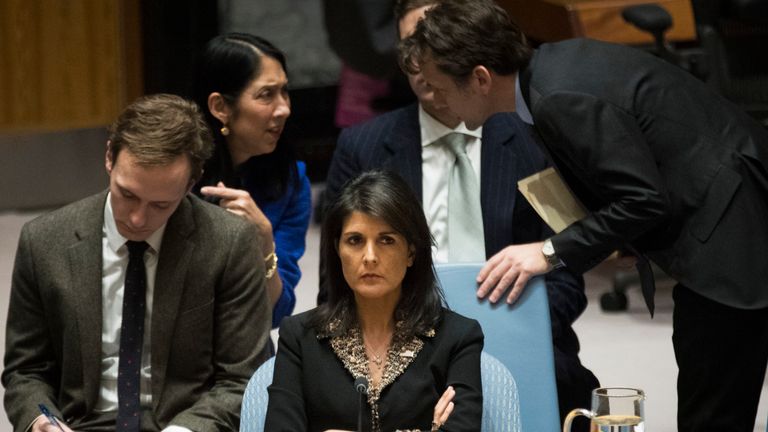 U.S. ambassador to the United Nations Nikki Haley during a Security Council meeting concerning the situation in the Middle East 