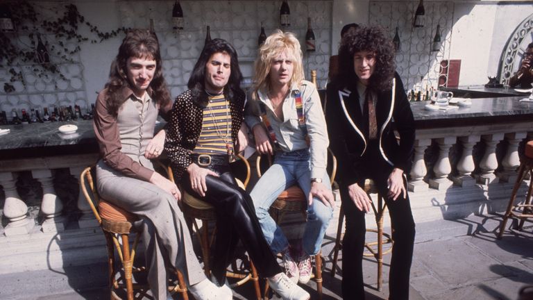 British rock group Queen at Les Ambassadeurs, where they were presented with silver, gold and platinum discs for sales in excess of one million of their hit single 'Bohemian Rhapsody'. The band are, from left to right, John Deacon, Freddie Mercury (Frederick Bulsara, 1946 - 1991), Roger Taylor and Brian May. (Photo by Keystone/Getty Images)