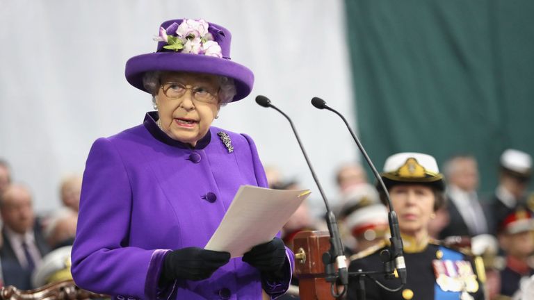 The Queen at the ceremony for HMS Queen Elizabeth