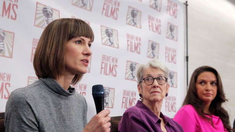 (L-R) Rachel Crooks, Jessica Leeds and Samantha Holvey speak out against Donald Trump