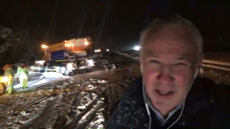Sky reporter Andy marsh stuck in snow on the M1