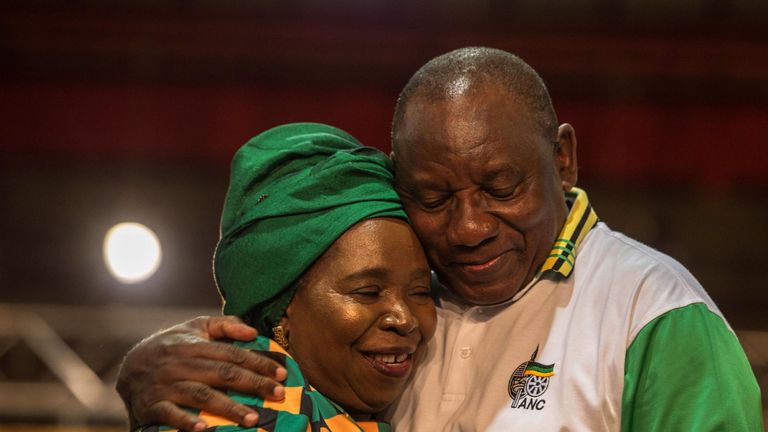 Newly elected African National Congress (ANC) President Cyril Ramaphosa is congratulated by Nkosazana Dlamini-Zuma after his election