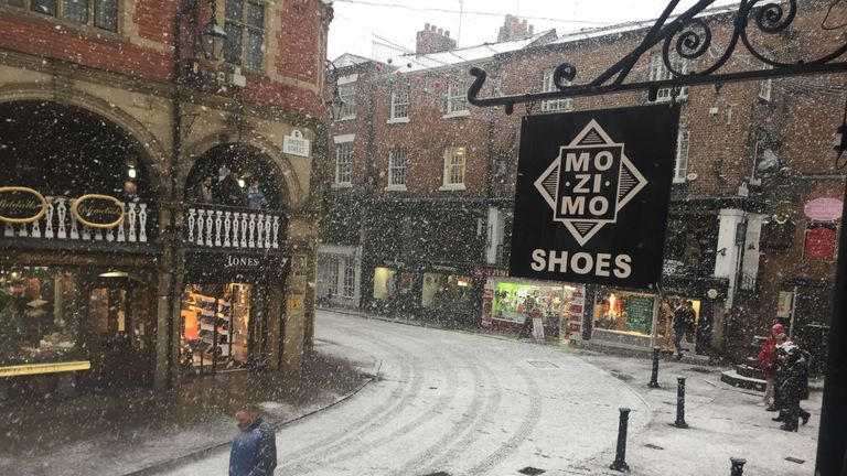 Snow falls in Chester, as parts of Britain woke up to a blanket of snow caused by an Arctic airflow in the wake of Storm Caroline
