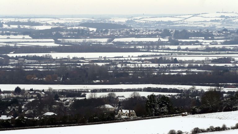 Snow covered fields near Parslows Hillcock in Buckinghamshire