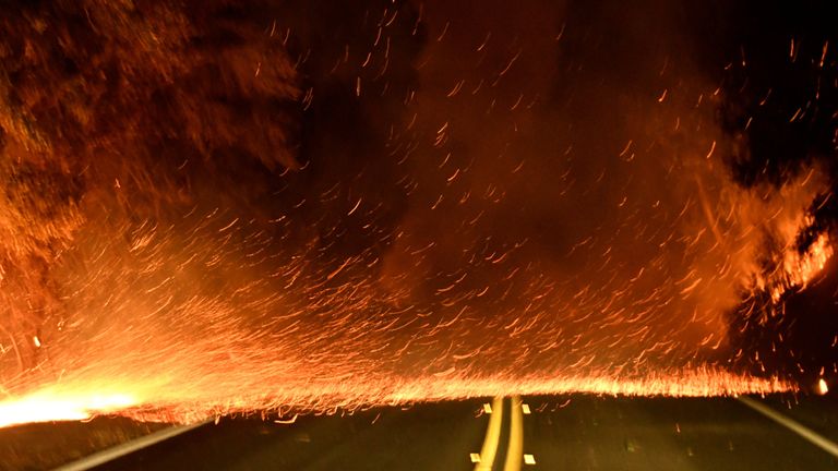 Embers spread across a roadway from a Santa Ana wind-driven brush fire