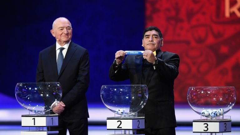Diego Maradona picks out England during the World Cup draw in Moscow