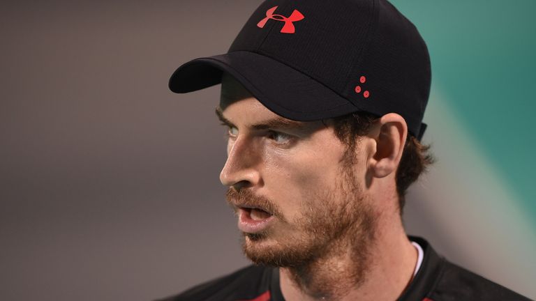 ABU DHABI, UNITED ARAB EMIRATES - DECEMBER 29: Andy Murray of Great Britain looks on during his exhibition match against Roberto Bautista Agut of Spain on 