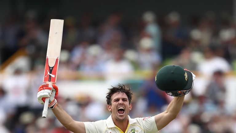 Mitch Marsh of Australia celebrates after reaching his century during day three of the Third Test match during the 2017/18 