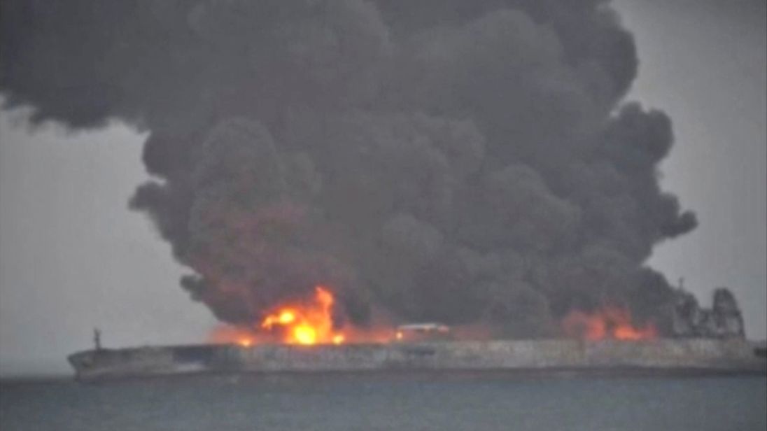 Smoke and fire is seen from Panama-registered tanker SANCHI carrying Iranian oil after it collided with a Chinese freight ship in the East China Sea, in this still image taken from a January 7, 2018 video