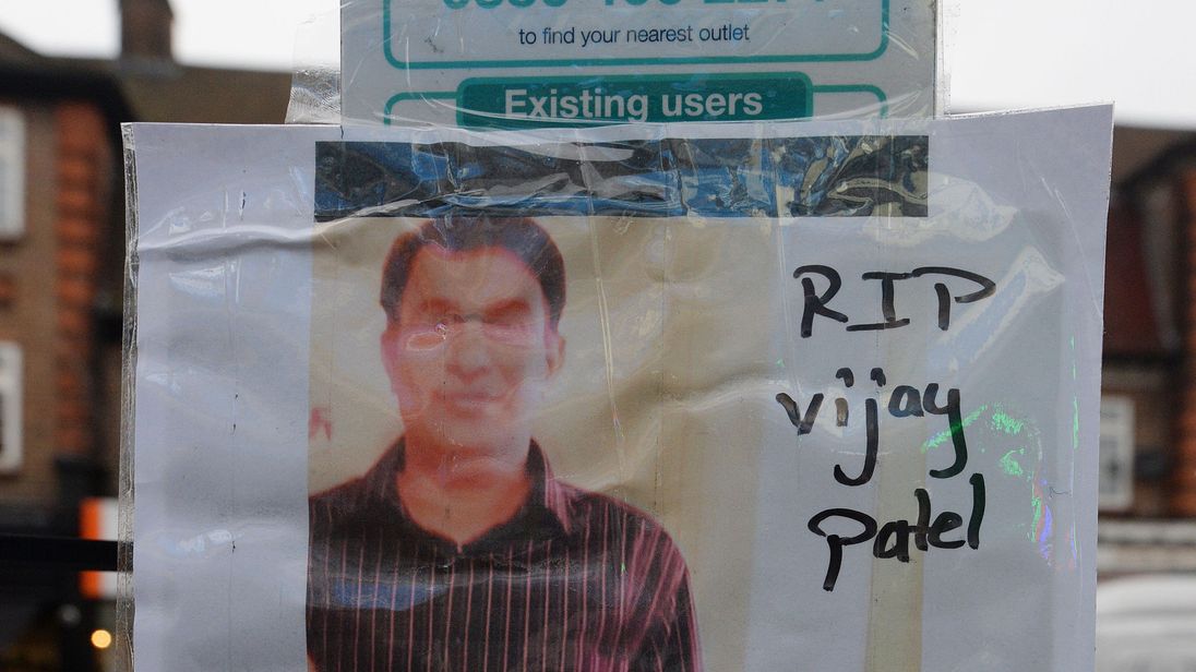 A photograph of Vijay Patel, 49, outside a shop on The Broadway in Mill Hill, north London, where a murder investigation has been launched after the shop worker was fatally attacked in a row over cigarette papers.