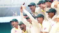 SYDNEY, AUSTRALIA - JANUARY 08:  Steve Smith of Australia lifts the Ashes Trophy during day five  of the Fifth Test match in the 2017/18 Ashes Series betwe