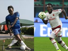 Michael Essien&#39;s statue in Ghana (left) and the star on the pitch (right)
