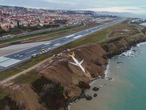 A Pegasus Airlines Boeing 737 passenger plane is seen struck in mud after skidding off the airstrip, after landing at Trabzon&#39;s airport on the Black Sea coast