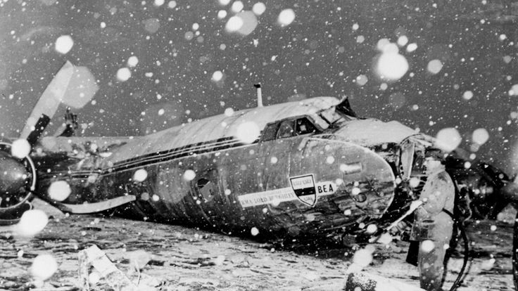 The wreckage of the British European Airways plane which crashed in Munich on February 6, 1958, while bringing home members of the Manchester United football team from a European Cup match