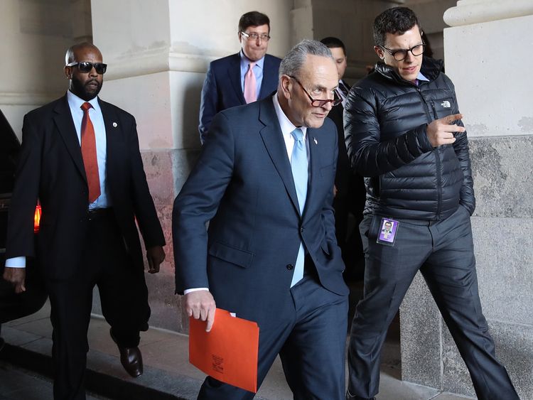Senate Minority Leader Chuck Schumer (D-NY) returns to the U.S. Capitol after meeting with U.S. President Donald Trump on the looming threat of a federal government shutdown January 19, 2018 in Washington, DC. Congress continues to wrestle with passage of a continuing resolution to fund the federal government past midnight this evening. (Photo by Win McNamee/Getty Images)