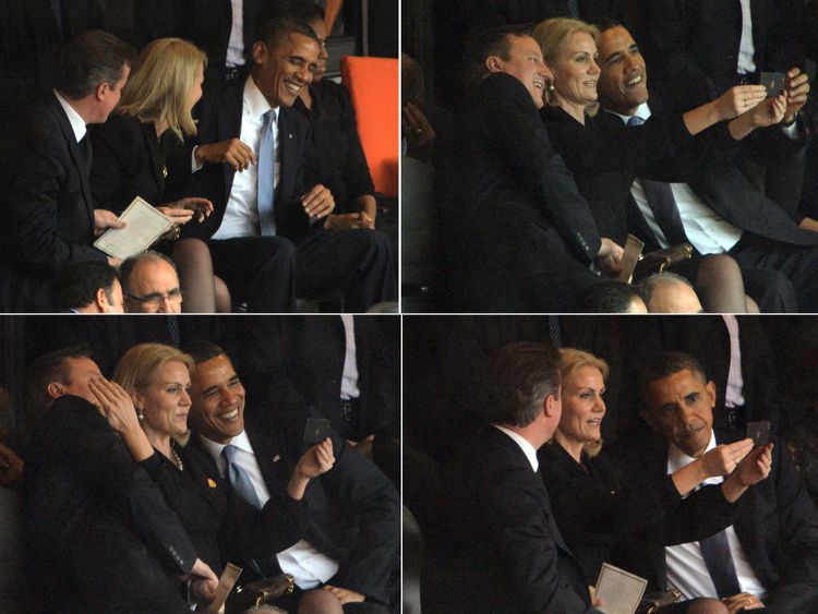 This combo of pictures shows US President Barack Obama (R) and British Prime Minister David Cameron (L) posing for a selfie photo with Denmark&#39;s Prime Minister Helle Thorning Schmidt (C) during the memorial service of South African former president Nelson Mandela at the FNB Stadium (Soccer City) in Johannesburg on December 10, 2013. 
