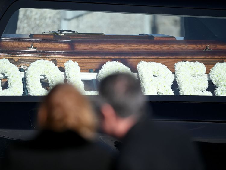 Flowers spelling the name &#39;Dolores&#39; rest next to the coffin at the funeral of Dolores O&#39;Riordan at St Ailbe&#39;s parish church in Ballybricken on January 23, 2018 in Limerick, Ireland. The Cranberries singer, aged 46 was found unresponsive in a London hotel last week.