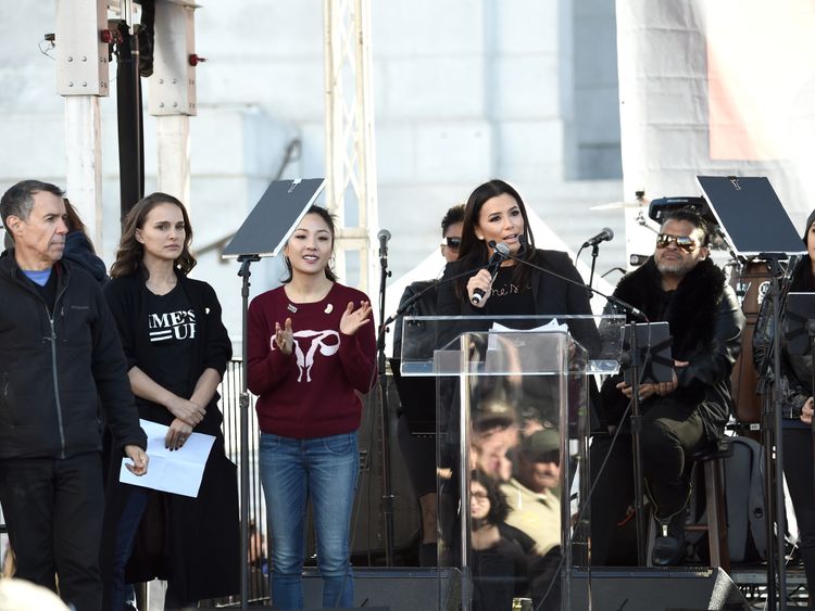 Eva Longoria speaks onstage at 2018 Women's March Los Angeles at Pershing Square on January 20, 2018 in Los Angeles, California. (Photo by Amanda Edwards/Getty Images for The Women's March Los Angeles