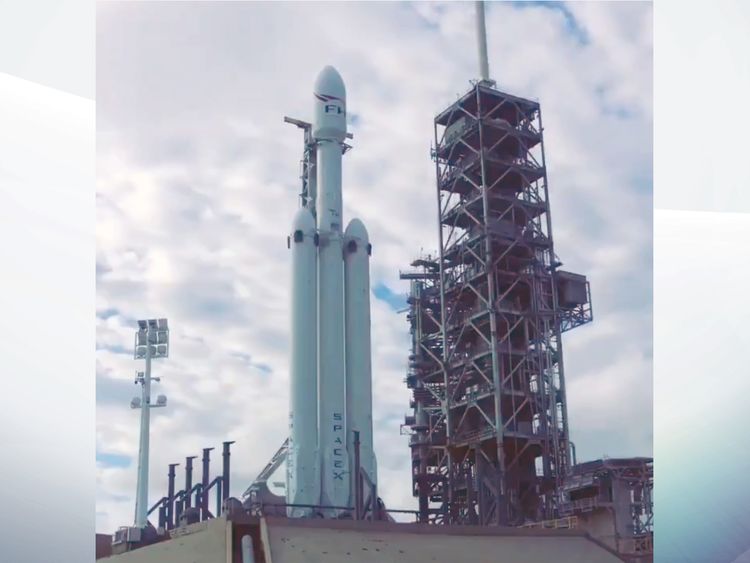 The Falcon Heavy upright in Florida. Pic: Elon Musk