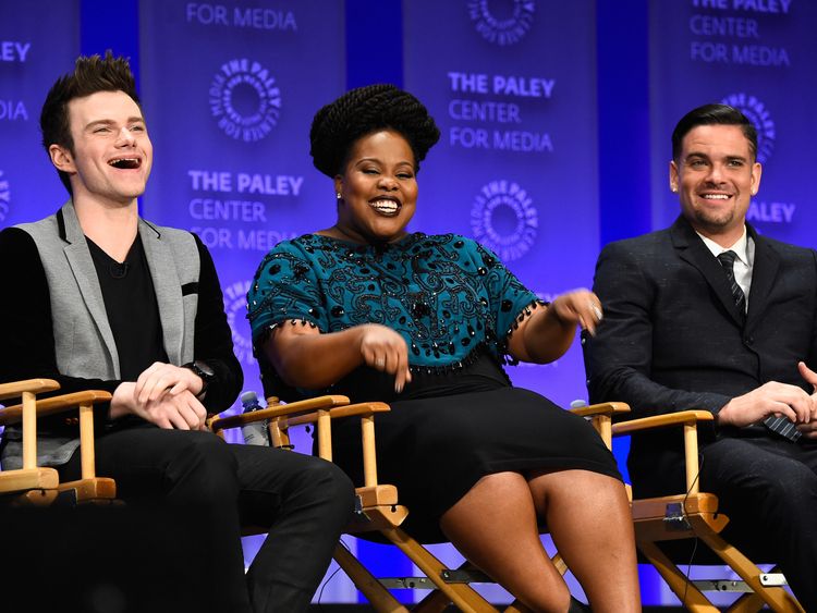 Salling (right) with Glee co-stars Chris Colfer and Amber Riley