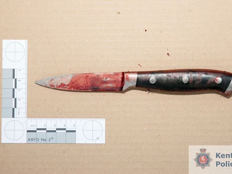 The knife allegedly used by Joshua Stimpson to attack Ms McLaren. Pic: Kent Police