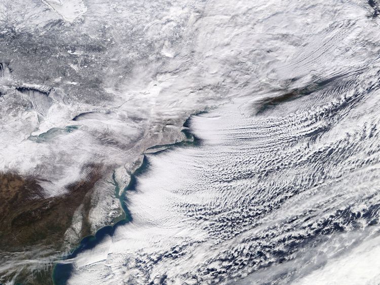 A winter storm sweeping across Ontario, eastern Canada and the northeastern United States is pictured in a NASA handout satellite photo January 6, 2018. NASA/Handout via REUTERS