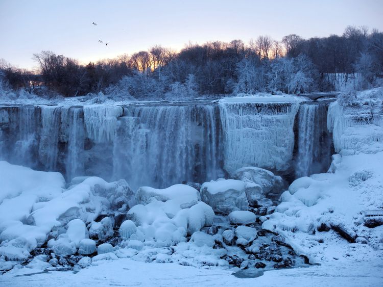 A group of birds fly past ice and water flowing over the American Falls, viewed from the Canadian side in Niagara Falls, Ontario, Canada, January 3, 2018