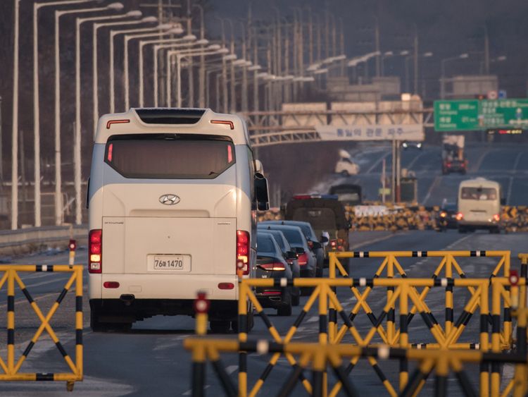 A coach carrying South Korean officials makes its way to Panmunjom