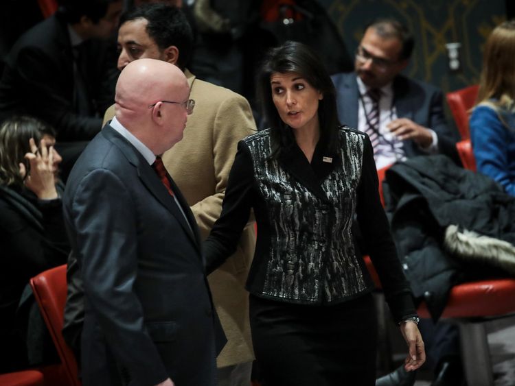 US ambassador Nikki Haley talking to Russian ambassador Vassily Nebenzia before the meeting began