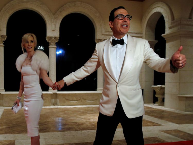 Treasury Secretary Steven Mnuchin and his wife Louise Linton arrive for the party