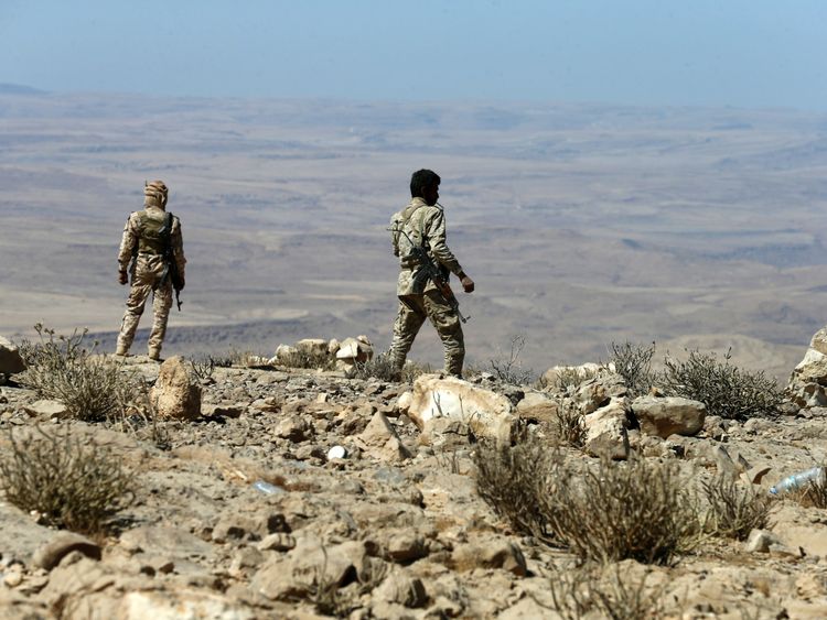 Yemeni soldiers are pictured as they take positions on a mountain on the frontline of fighting with Houthis in Nihem area near Sanaa, Yemen January 27, 2018. REUTERS/Faisal Al Nasser