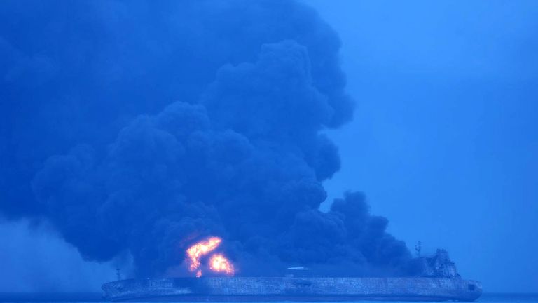 The tanker Sanchi is seen ablaze in waters of China