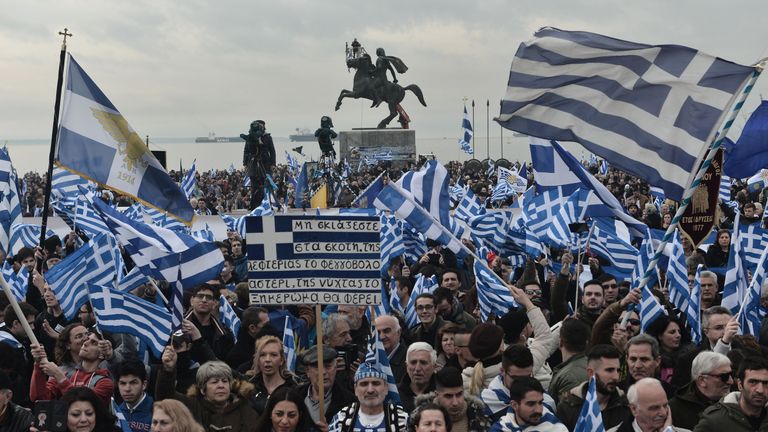 The protest was poignantly held in front of Thessaloniki's Alexander the Great statue
