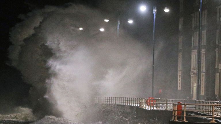 Waves crash against the sea wall in Aberystwyth in west Wales as Storm Eleanor hits the UK causing power cuts and road disruption. PRESS ASSOCIATION Photo. Picture date: Wednesday January 3, 2018. See PA story WEATHER Gales. Photo credit should read: Aaron Chown/PA Wire 