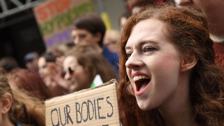 People outside the Irish embassy in London during the London March for Choice last September