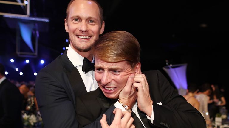 LOS ANGELES, CA - JANUARY 21: Actors Alexander Skarsgård (L) and Jack McBrayer attend the 24th Annual Screen Actors Guild Awards at The Shrine Auditorium on January 21, 2018 in Los Angeles, California. 27522_010 (Photo by Christopher Polk/Getty Images for Turner Image)