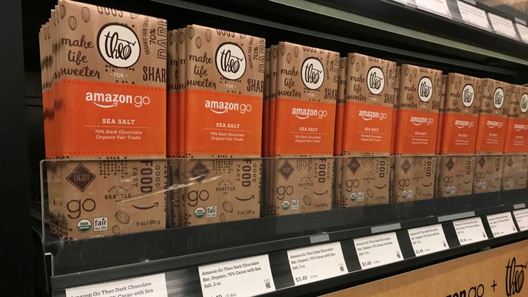 Items on the shelves of the Amazon go store