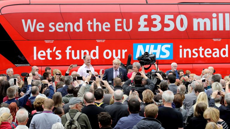 Boris Johnson campaigns in front of the Vote Leave bus