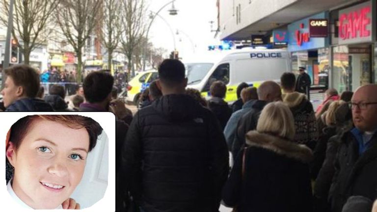 Crowds gather around a police cordon in Chapel Street (Credit: Luke R Chandley) and (inset) Cassie Hayes, who died following an attack in a branch of Tui