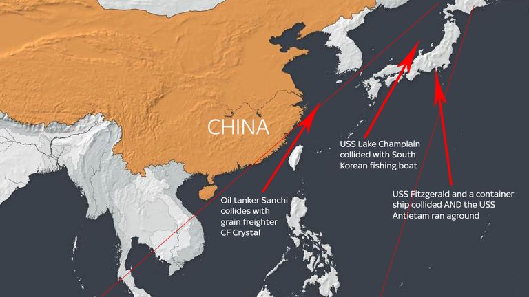 A map showing just some of the ship collisions in seas around China over the last few years 